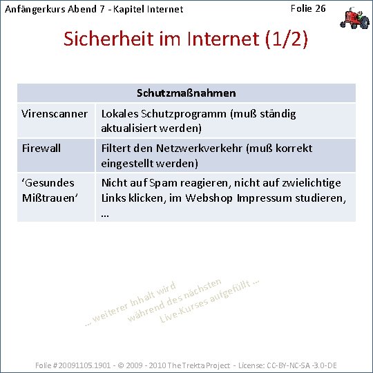 Anfängerkurs Abend 7 - Kapitel Internet Folie 26 Sicherheit im Internet (1/2) Schutzmaßnahmen Virenscanner