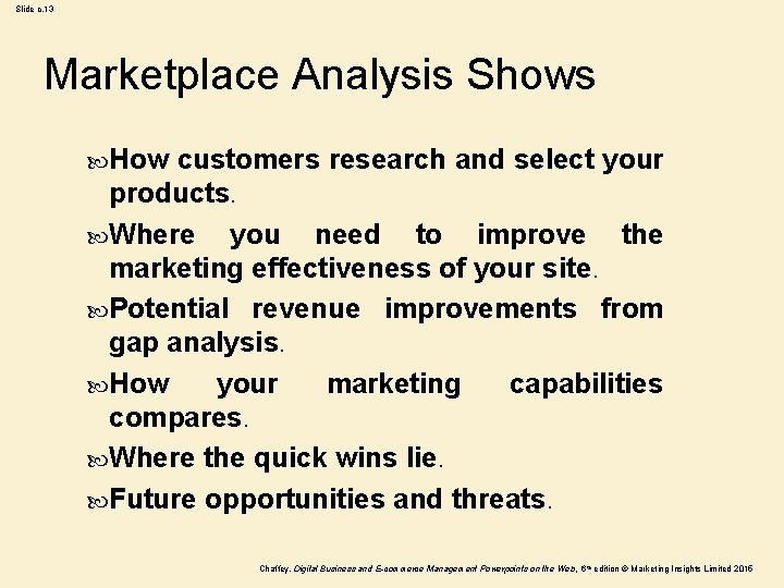 Slide c. 13 Marketplace Analysis Shows How customers research and select your products. Where