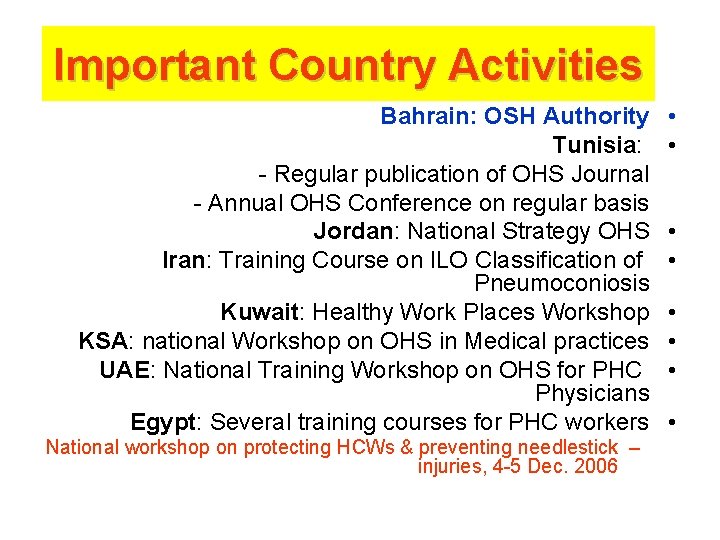 Important Country Activities Bahrain: OSH Authority Tunisia: - Regular publication of OHS Journal -