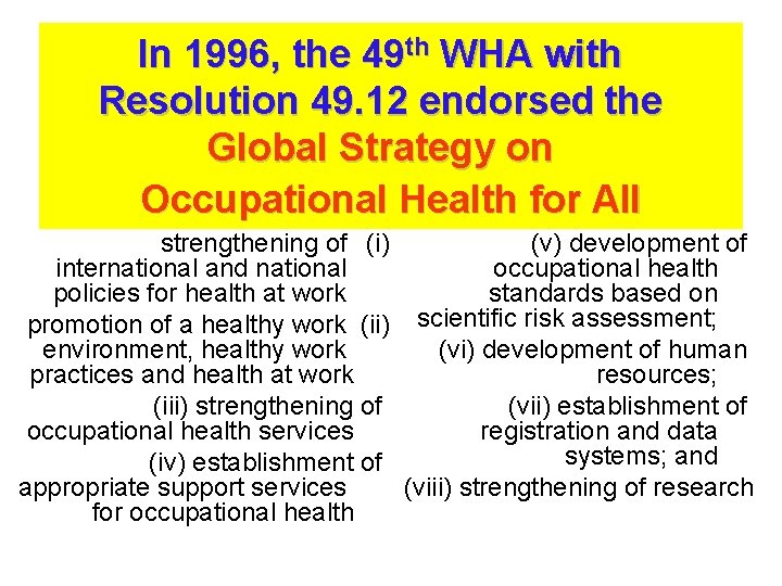 In 1996, the 49 th WHA with Resolution 49. 12 endorsed the Global Strategy