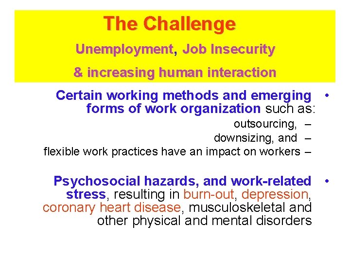 The Challenge Unemployment, Job Insecurity & increasing human interaction Certain working methods and emerging