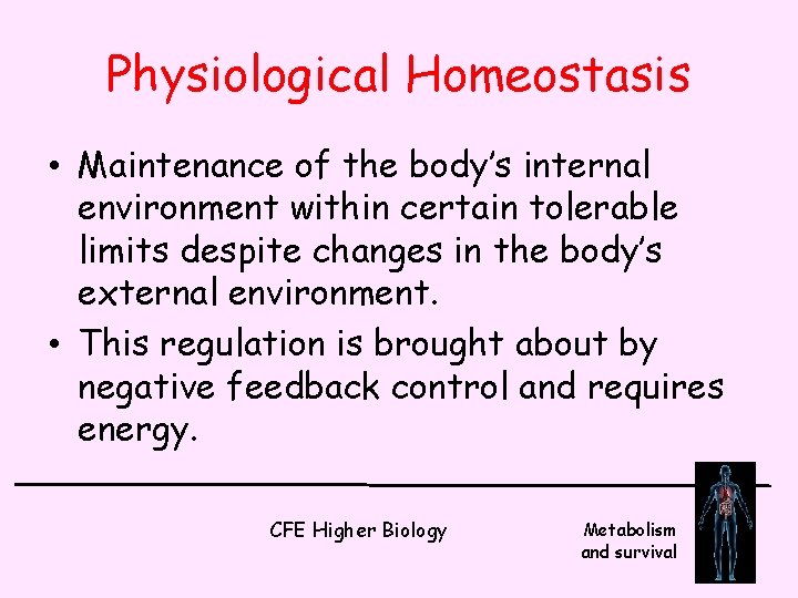 Physiological Homeostasis • Maintenance of the body’s internal environment within certain tolerable limits despite
