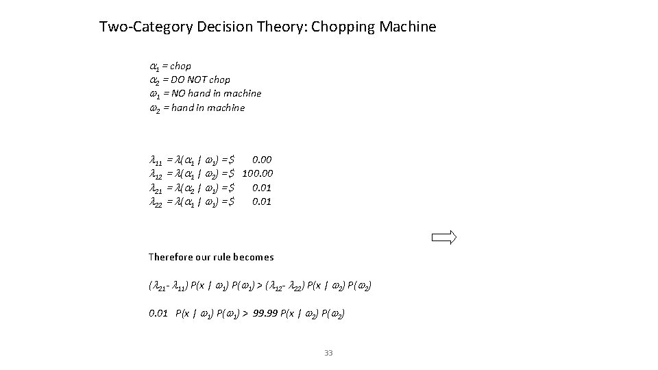 Two-Category Decision Theory: Chopping Machine 1 = chop 2 = DO NOT chop 1