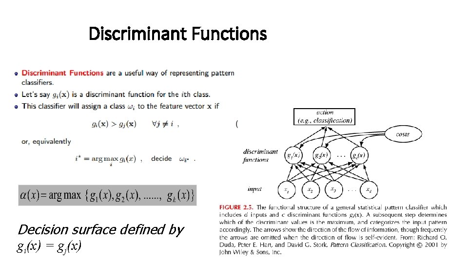 Discriminant Functions Decision surface defined by gi(x) = gj(x) 