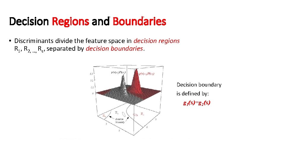 Decision Regions and Boundaries • Discriminants divide the feature space in decision regions R