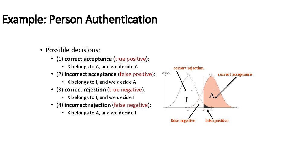 Example: Person Authentication • Possible decisions: • (1) correct acceptance (true positive): • X