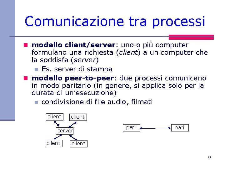 Comunicazione tra processi n modello client/server: uno o più computer formulano una richiesta (client)