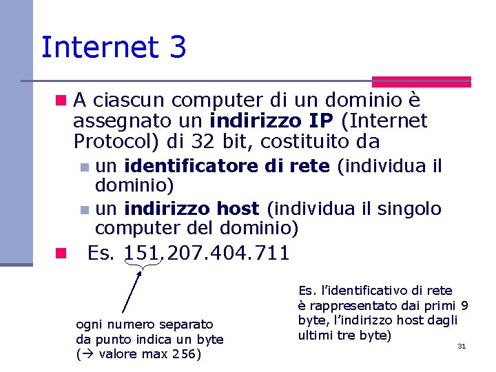 Internet 3 n A ciascun computer di un dominio è assegnato un indirizzo IP