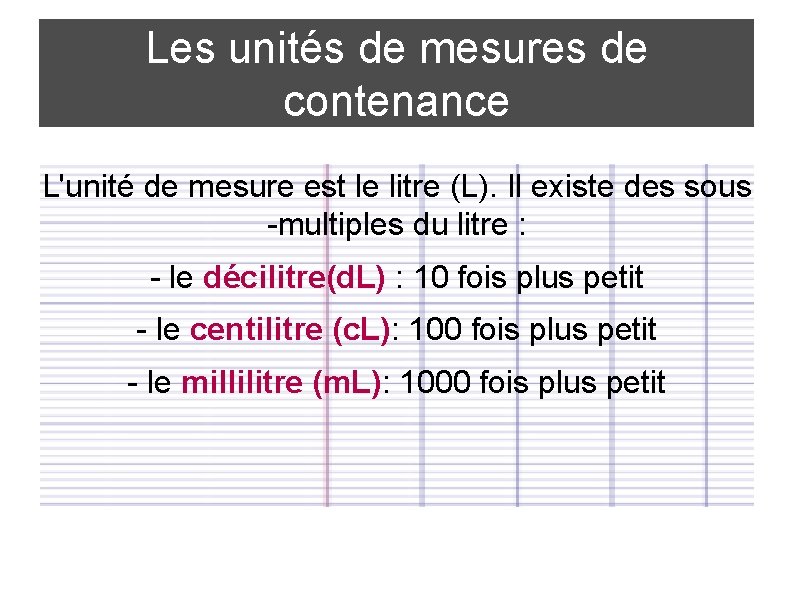 Les unités de mesures de contenance L'unité de mesure est le litre (L). Il