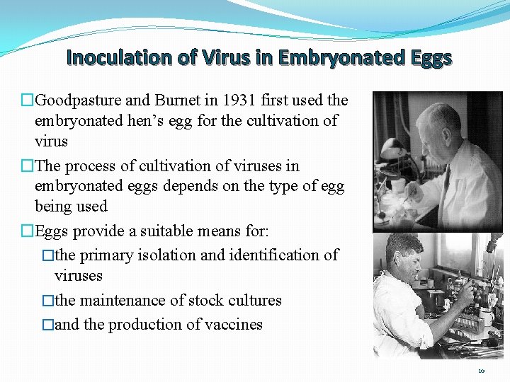 Inoculation of Virus in Embryonated Eggs �Goodpasture and Burnet in 1931 first used the