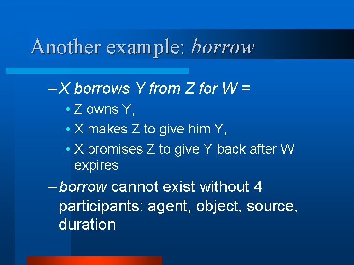 Another example: borrow – X borrows Y from Z for W = • Z