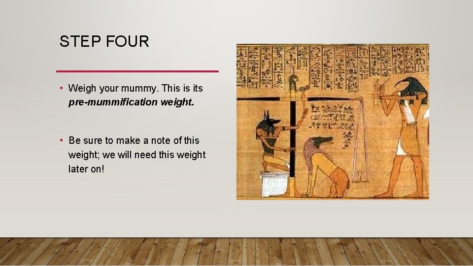 STEP FOUR • Weigh your mummy. This is its pre-mummification weight. • Be sure
