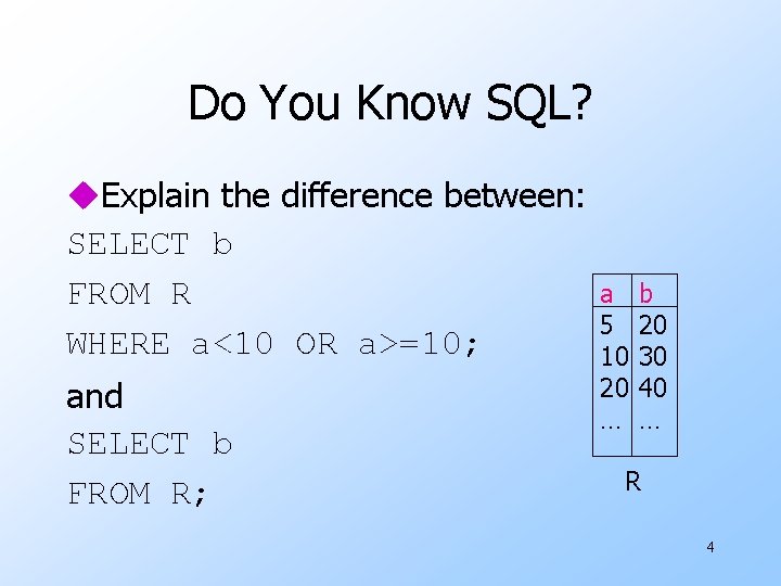 Do You Know SQL? u. Explain the difference between: SELECT b FROM R WHERE