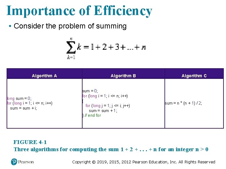 Importance of Efficiency • Consider the problem of summing Algorithm A long sum =