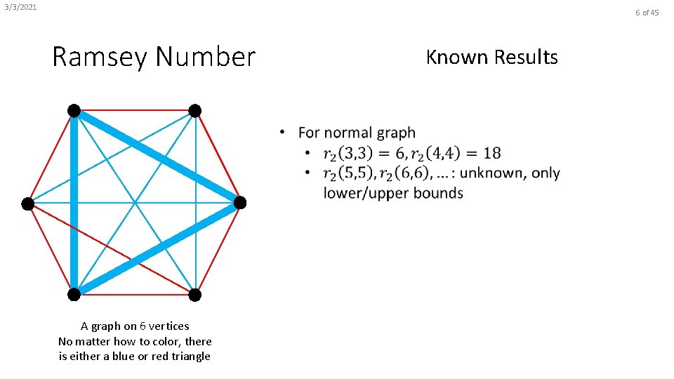 3/3/2021 6 of 45 Ramsey Number Known Results A graph on 6 vertices No