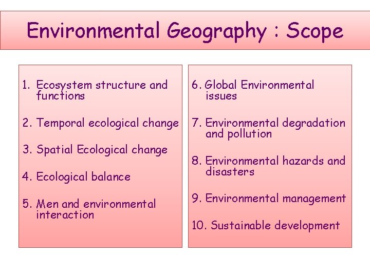 Environmental Geography : Scope 1. Ecosystem structure and functions 6. Global Environmental issues 2.