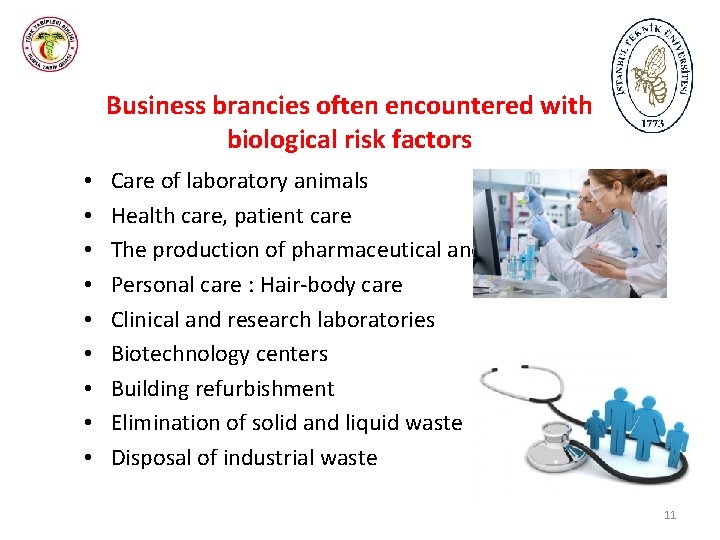 Business brancies often encountered with biological risk factors • • • Care of laboratory