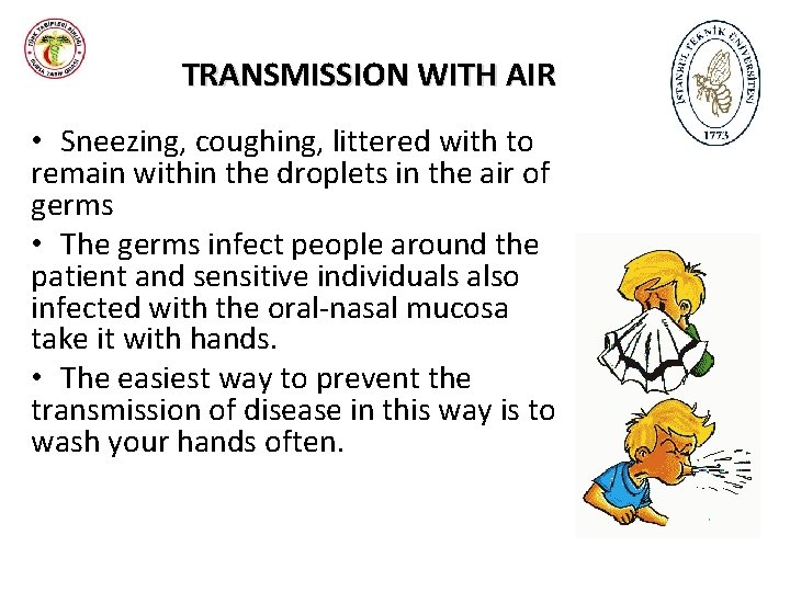 TRANSMISSION WITH AIR • Sneezing, coughing, littered with to remain within the droplets in