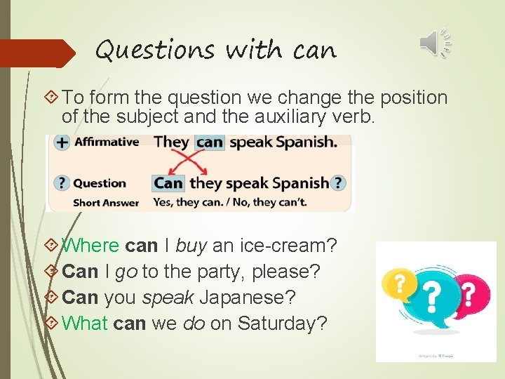 Questions with can To form the question we change the position of the subject