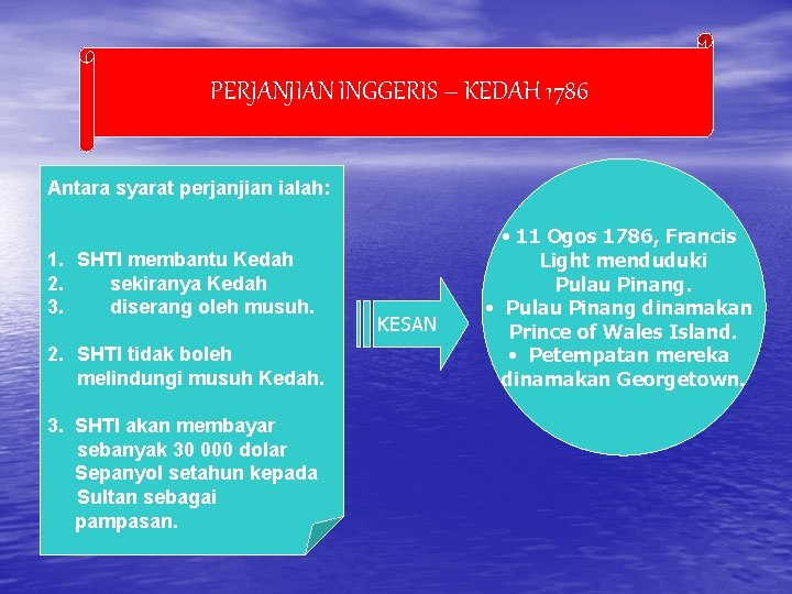 PERJANJIAN INGGERIS – KEDAH 1786 Antara syarat perjanjian ialah: 1. SHTI membantu Kedah 2.