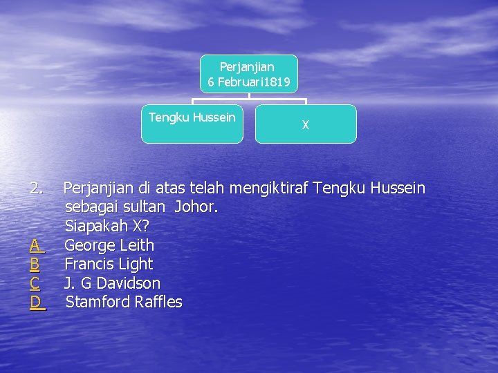 Perjanjian 6 Februari 1819 Tengku Hussein 2. A B C D X Perjanjian di