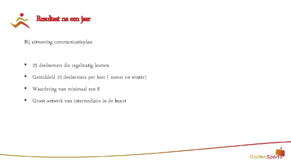 Resultaat na een jaar Bij uitvoering communicatieplan: • 25 deelnemers die regelmatig komen •