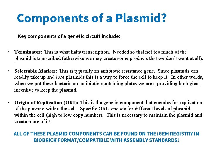 Components of a Plasmid? Key components of a genetic circuit include: • Terminator: This