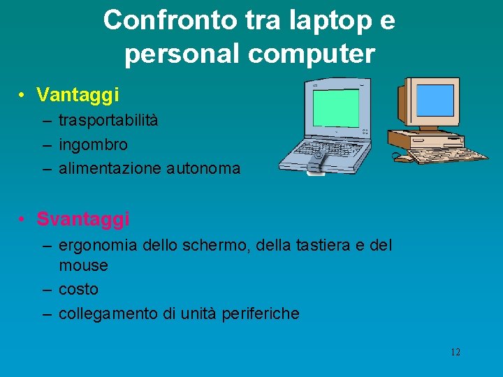 Confronto tra laptop e personal computer • Vantaggi – trasportabilità – ingombro – alimentazione
