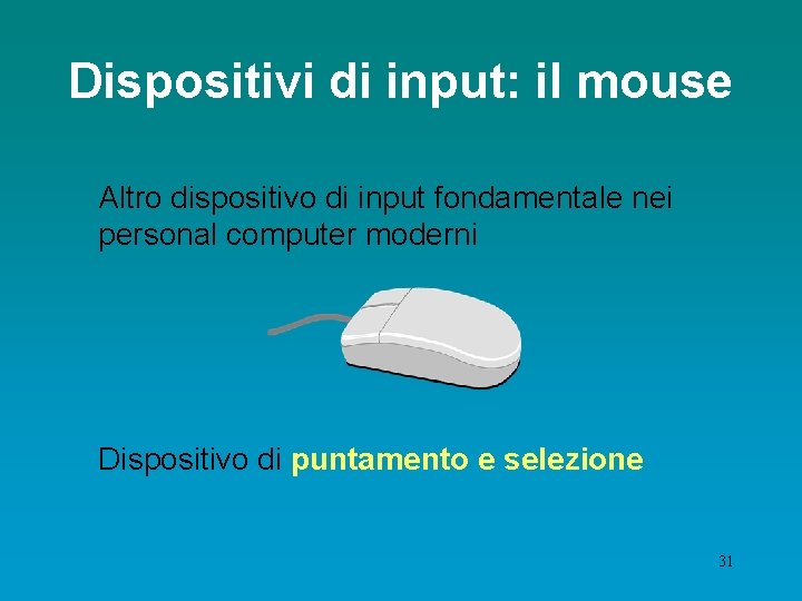 Dispositivi di input: il mouse Altro dispositivo di input fondamentale nei personal computer moderni