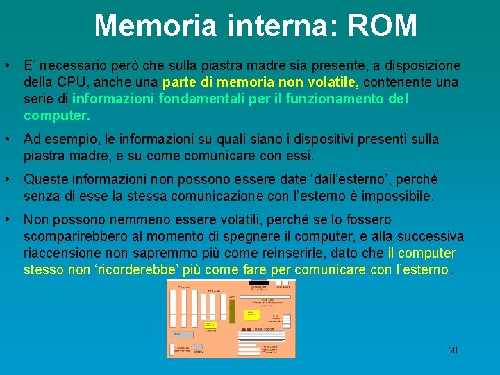 Memoria interna: ROM • E’ necessario però che sulla piastra madre sia presente, a