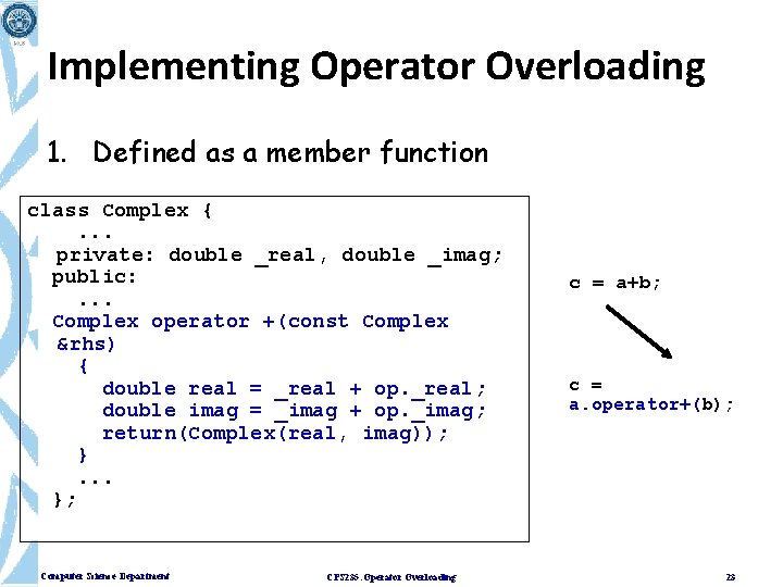 Implementing Operator Overloading 1. Defined as a member function class Complex {. . .