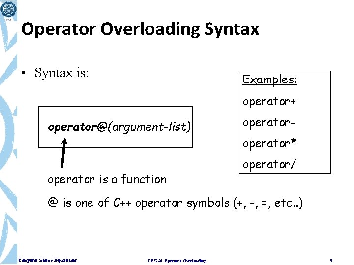 Operator Overloading Syntax • Syntax is: Examples: operator+ operator@(argument-list) operator* operator is a function