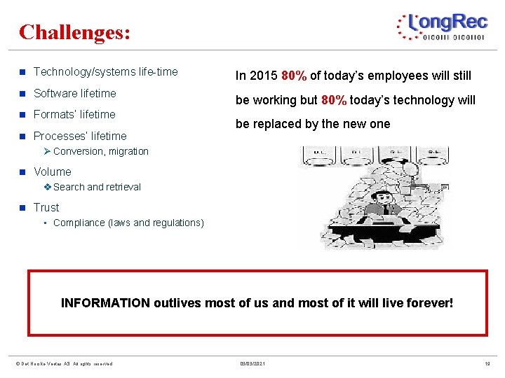 Challenges: n Technology/systems life-time n Software lifetime n Formats’ lifetime n Processes’ lifetime In