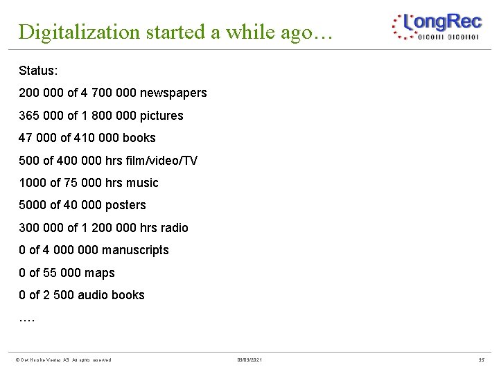 Digitalization started a while ago… Status: 200 000 of 4 700 000 newspapers 365