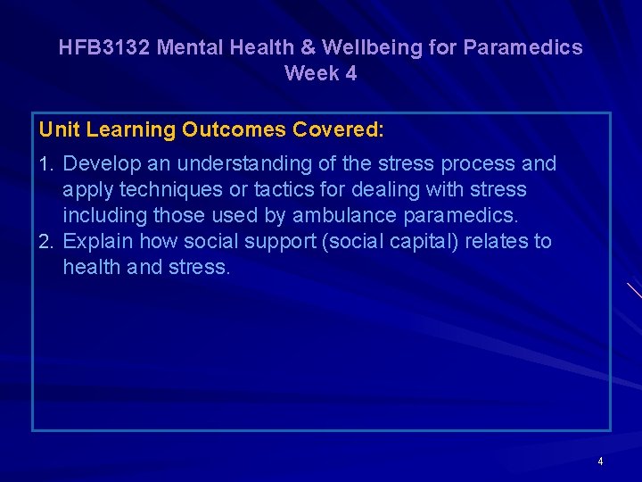 HFB 3132 Mental Health & Wellbeing for Paramedics Week 4 Unit Learning Outcomes Covered: