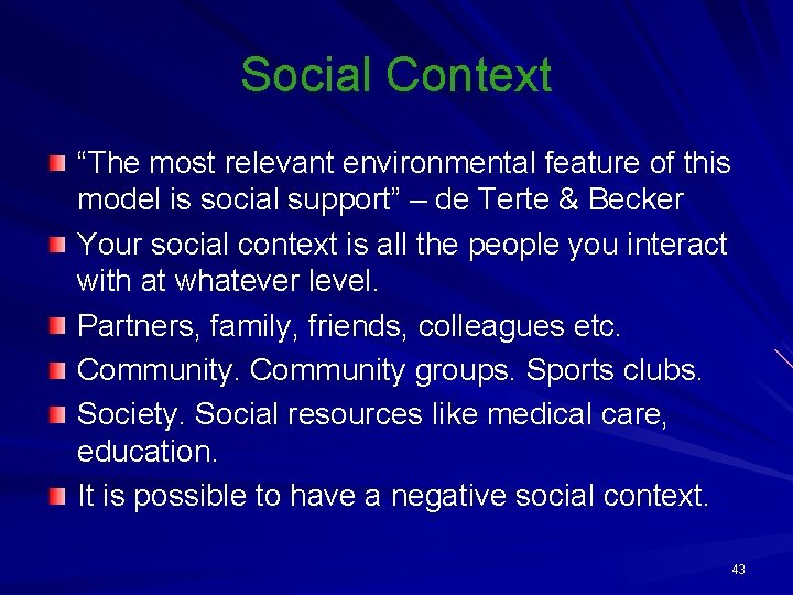 Social Context “The most relevant environmental feature of this model is social support” –