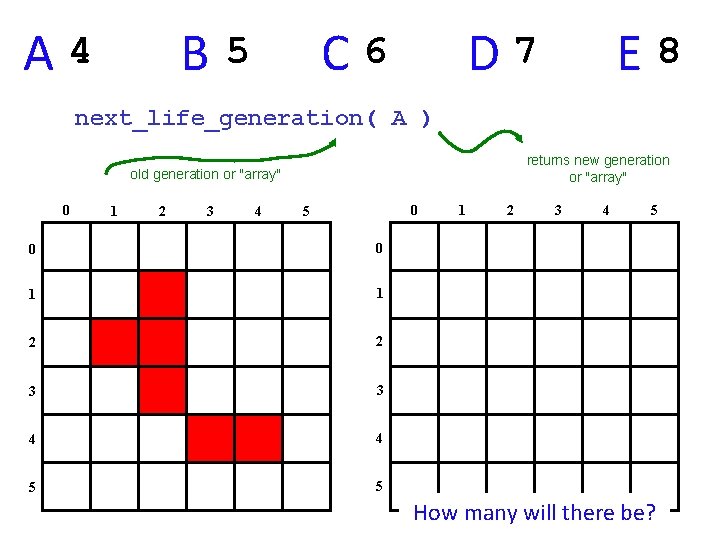 A 4 B C 6 5 D 7 E 8 next_life_generation( A ) returns