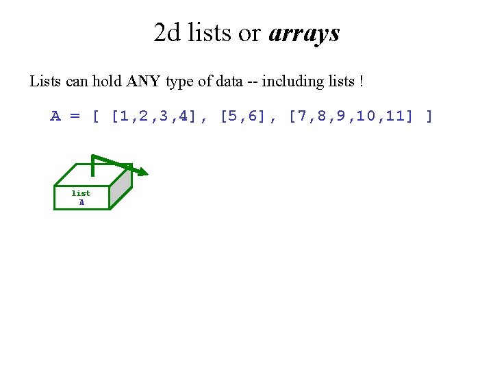2 d lists or arrays Lists can hold ANY type of data -- including