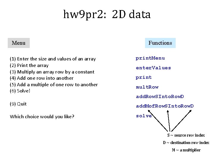 hw 9 pr 2: 2 D data Menu (1) Enter the size and values