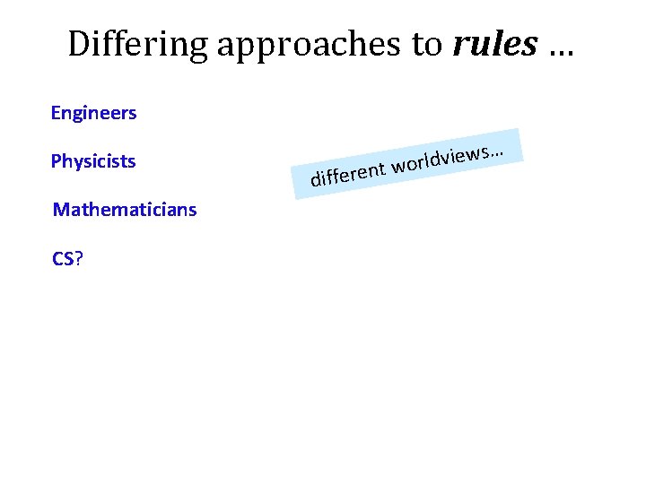 Differing approaches to rules … Engineers Physicists Mathematicians CS? diffe ews i v d