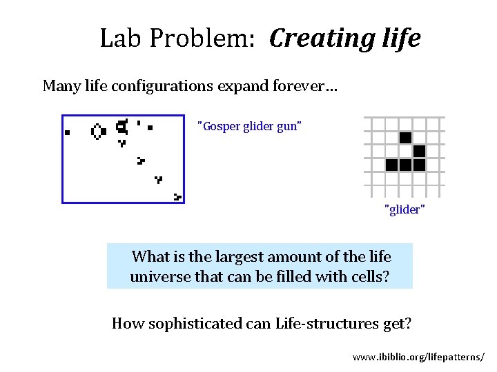 Lab Problem: Creating life Many life configurations expand forever… "Gosper glider gun" "glider" What