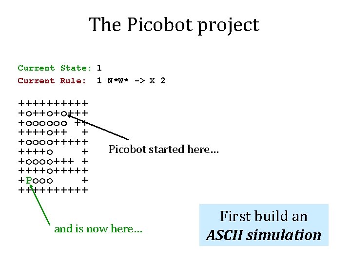 The Picobot project Current State: 1 Current Rule: 1 N*W* -> X 2 +++++