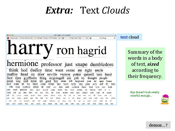 Extra: Text Clouds text cloud Summary of the words in a body of text,