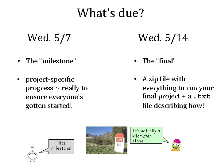 What's due? Wed. 5/7 Wed. 5/14 • The "milestone" • The "final" • project-specific