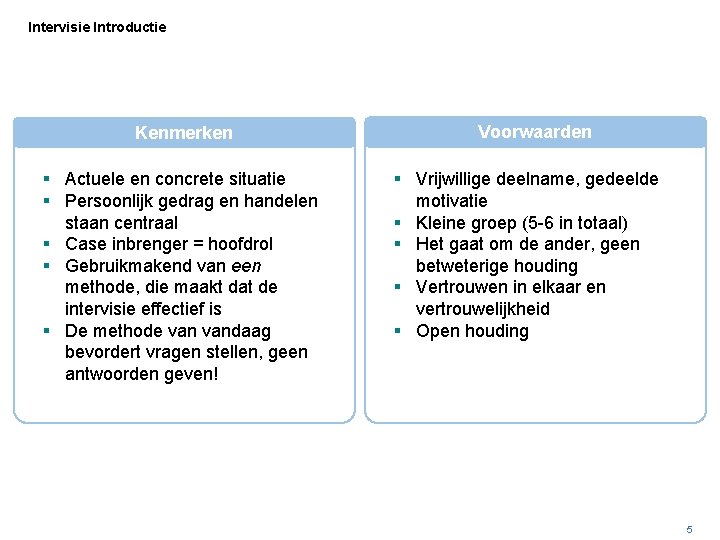 Intervisie Introductie Kenmerken § Actuele en concrete situatie § Persoonlijk gedrag en handelen staan