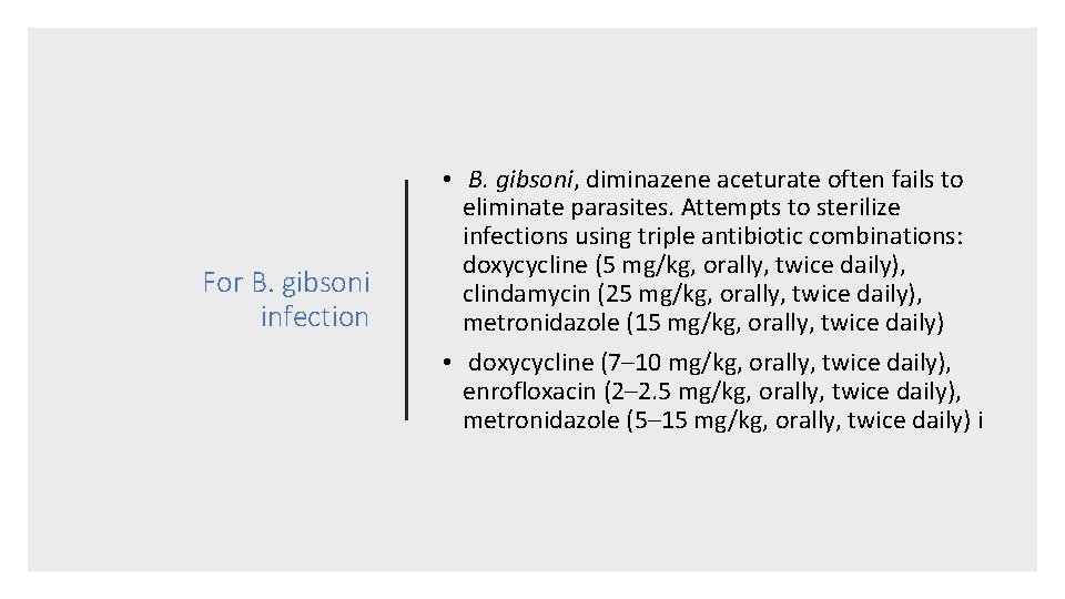 For B. gibsoni infection • B. gibsoni, diminazene aceturate often fails to eliminate parasites.