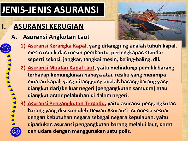 JENIS-JENIS ASURANSI I. ASURANSI KERUGIAN A. Asuransi Angkutan Laut 1) Asuransi Kerangka Kapal, yang