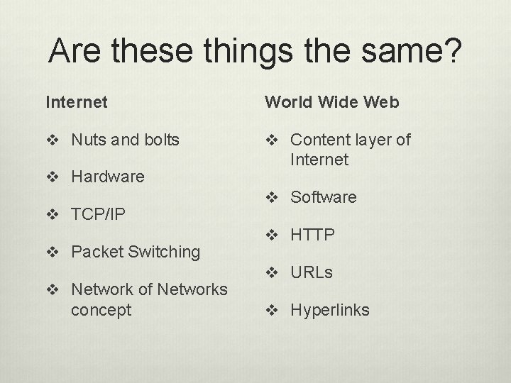 Are these things the same? Internet World Wide Web v Nuts and bolts v