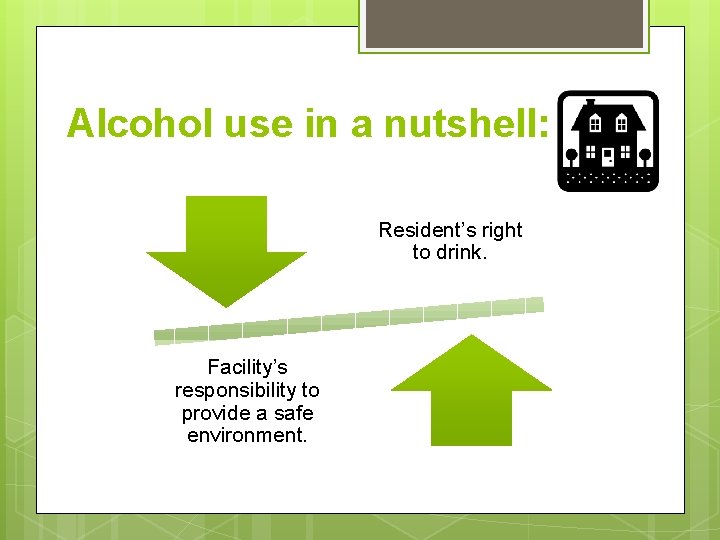 Alcohol use in a nutshell: Resident’s right to drink. Facility’s responsibility to provide a