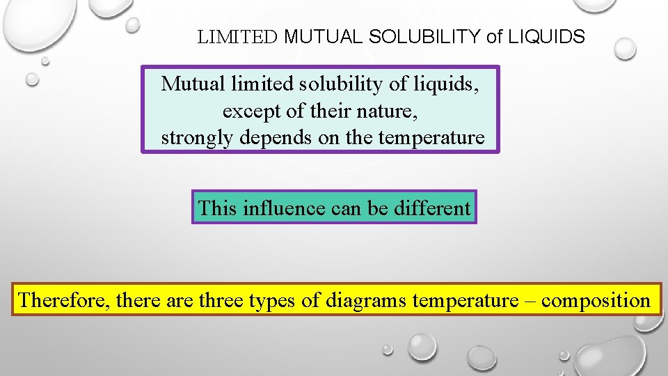 LIMITED MUTUAL SOLUBILITY of LIQUIDS Mutual limited solubility of liquids, except of their nature,